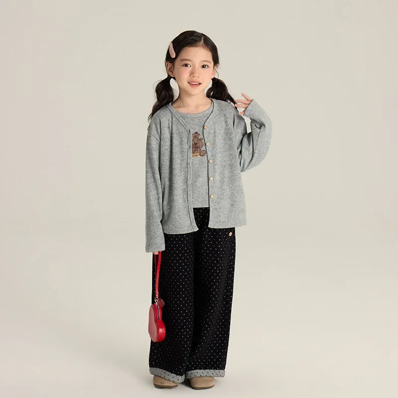 

2024 Autumn New Product: Girls' Korean Style Cartoon Bear Printed Tank Top+cardigan Coat Two Piece Set Top