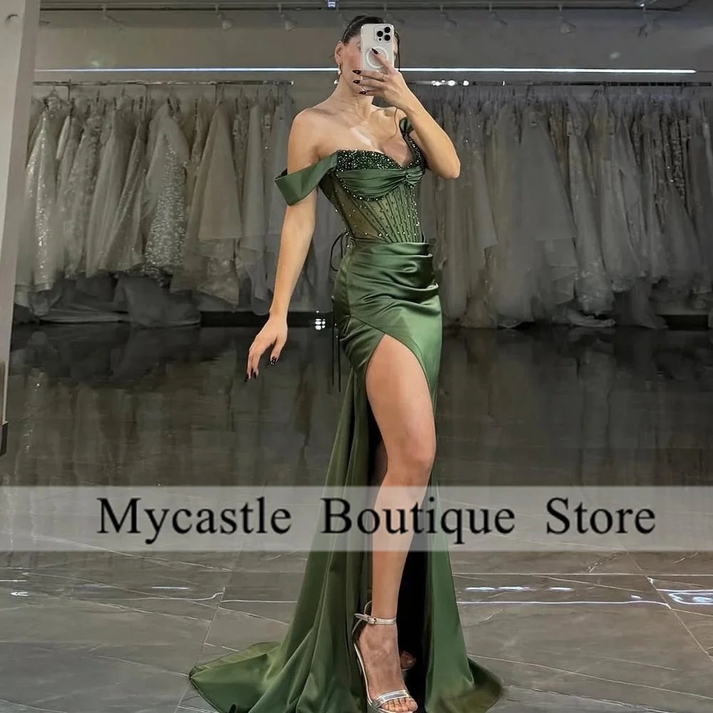

Elegant Olive Green Off Shoulder Satin Evening Dresses Mermaid High Split Beading Draped Party Dress Sexy Prom Gown Customized
