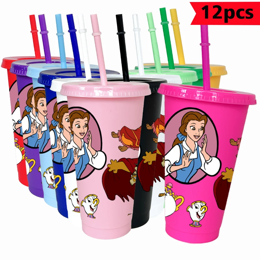 

12 Pieces/bag Disney Belle Teacup 26oz Colorful Plastic Birthday Party Drinking Utensils Juice Coffee Cup
