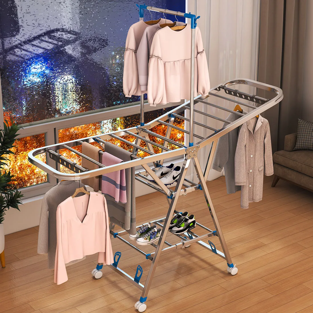 

Stainless steel drying floor-to-ceiling folding bedroom household drying clothes cool balcony simple baby hanging quilt rack