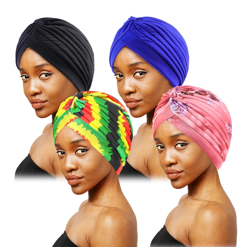 4PCS/LOT Women Suit Headscarf Colourful Printed Solid Color Turban Hat Indian Hat Lady Fashion Wrap Head Beauty Chemotherapy Cap