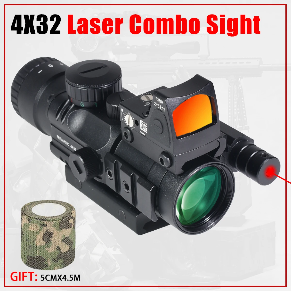 

Tactical 4X32 Scope Red Dot Laser Combo Sight Tri-Illuminated for Airsoft / Hunting Rifle Scopes Fit 20-22mm Weaver Rail