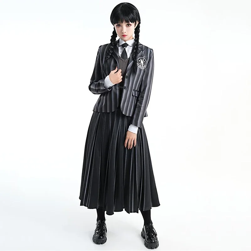 Wednesday Addams Cosplay Costume for Girls Kids Wednesday School Uniform Wig Full Suit Halloween Party Women Clothes Costumes