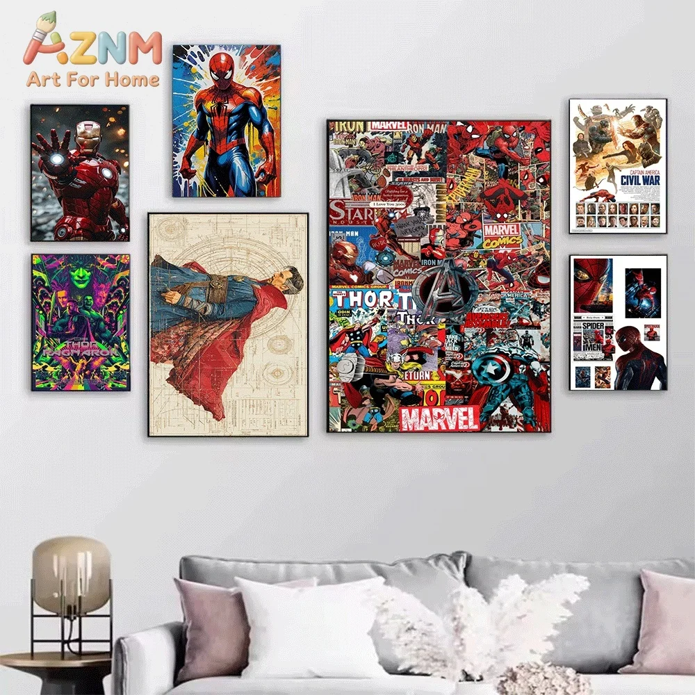 AZNM Iron Man Vintage Newspaper Collage Canvas Wall Print, Superhero Classic Comic Retro Scrapbook Style Pop Graphic Art Poste