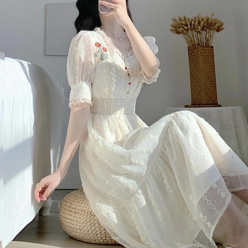 Vintage Lace Fairy Midi Dress Women 2021 Summer French Floral Elegant Party Princess Dress Ladies Party One-piece Dress Korean