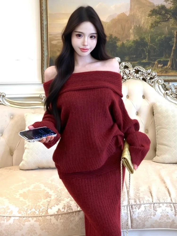 

Slim Fit Long Sleeve Knitted Sweater And Skirt Set for Women Sexy Trendy Shoulder Bared Winter Fashion Casual High Waist Body...