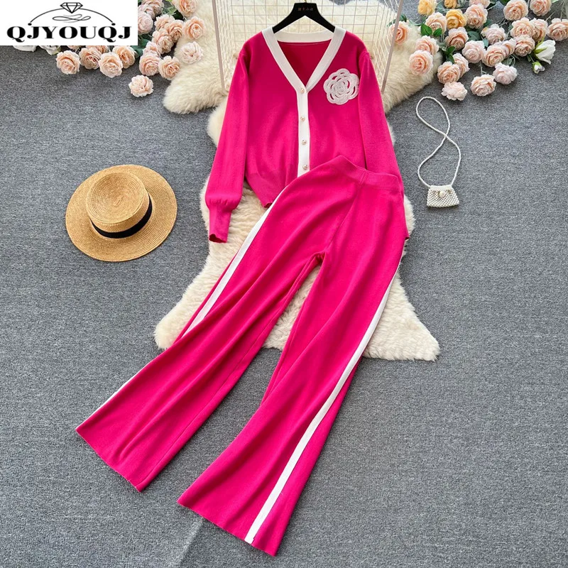 

Luxury casual knitted fashionable women's loose long sleeved top+high waist wide leg pants two-piece set