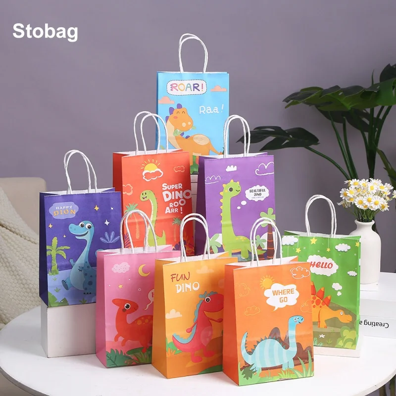 

StoBag 12/24pcs Cartoon Dinosaur Kraft paper Gift Tote Packaging Bags Child for Candy Snack Storage Pouch Birthday Party Favors