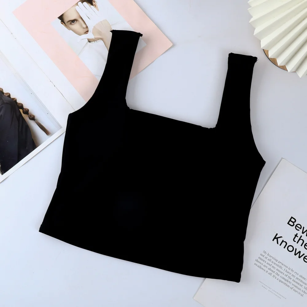 Women Ice Silk Sleeveless Top Built In Padded Bra Square Collar Wide Shoulder Tank Top Breathable Undershirt Casual Camisole