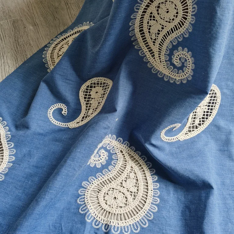 

Laser hollow cord embroidery fabric paisley pattern cotton-polyester blended fabric for clothing home decor designer textiles