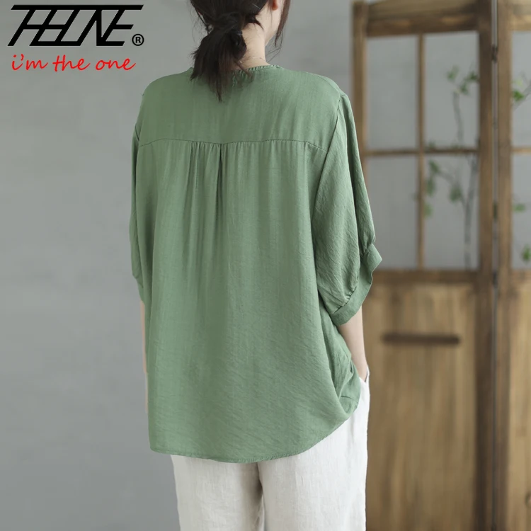 THHONE Moda Verão Mulheres Camiseta 2025 Bordado Impressão Vintage Com Decote Em V Casual Estilo Chinês Solto Tops Roupas Femininas Camisetas