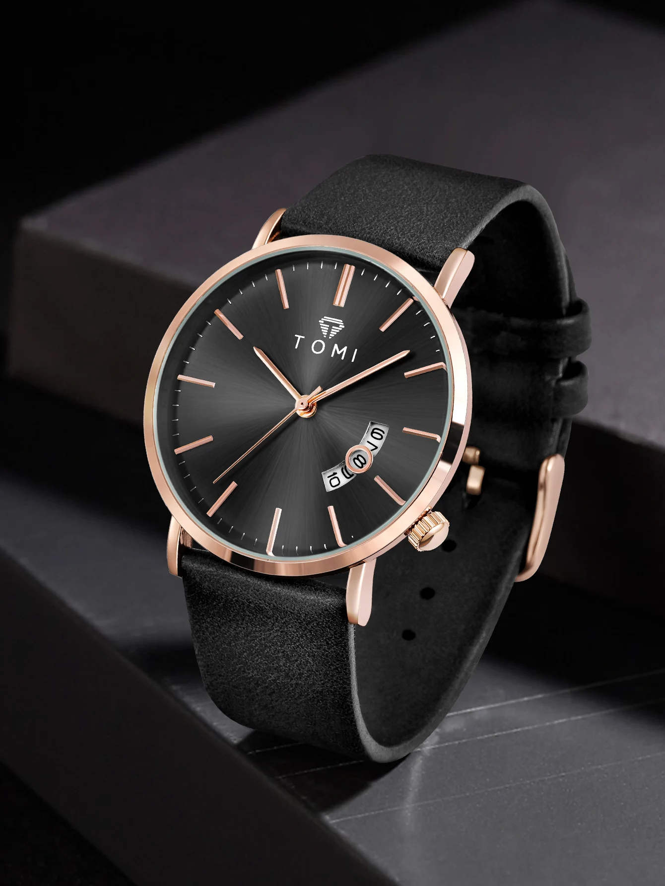 TOMIMen's watch simple trend quartz business wristwatch leather strap calendar male watch