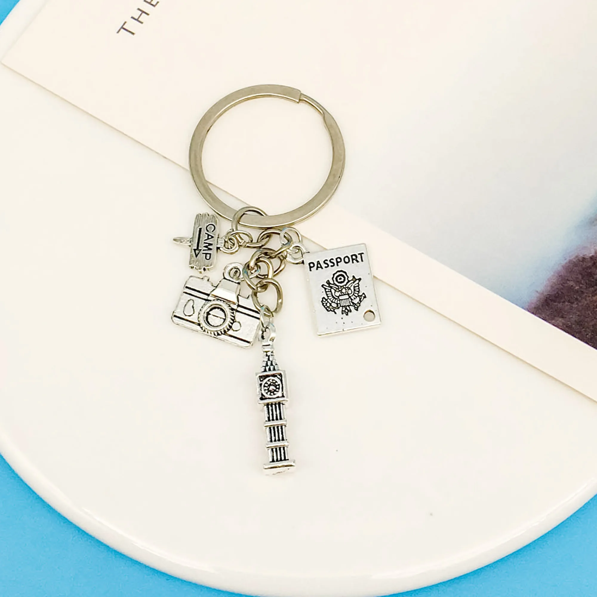 1pc Mini Passport Aircraft Eiffel Tower Charm Keychain Metal Alloy Travel Keyring Wallet Backpack Car Charm Accessories