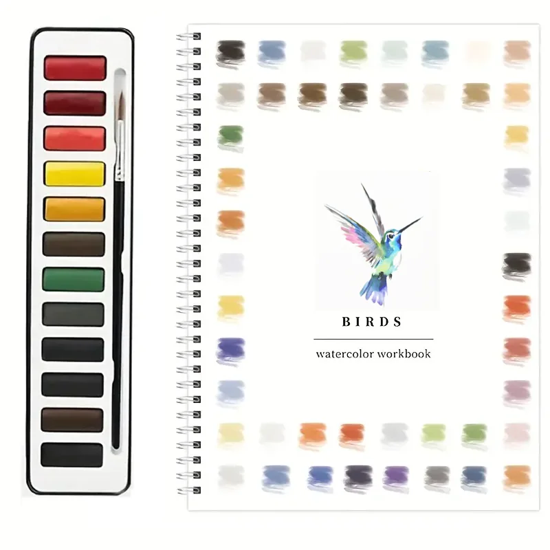 

Рабочая тетрадь с акварелью для птиц — книжка-раскраска в спиральном переплете с палитрой для смешивания, яркими иллюстрациями птиц и удобным пространством
