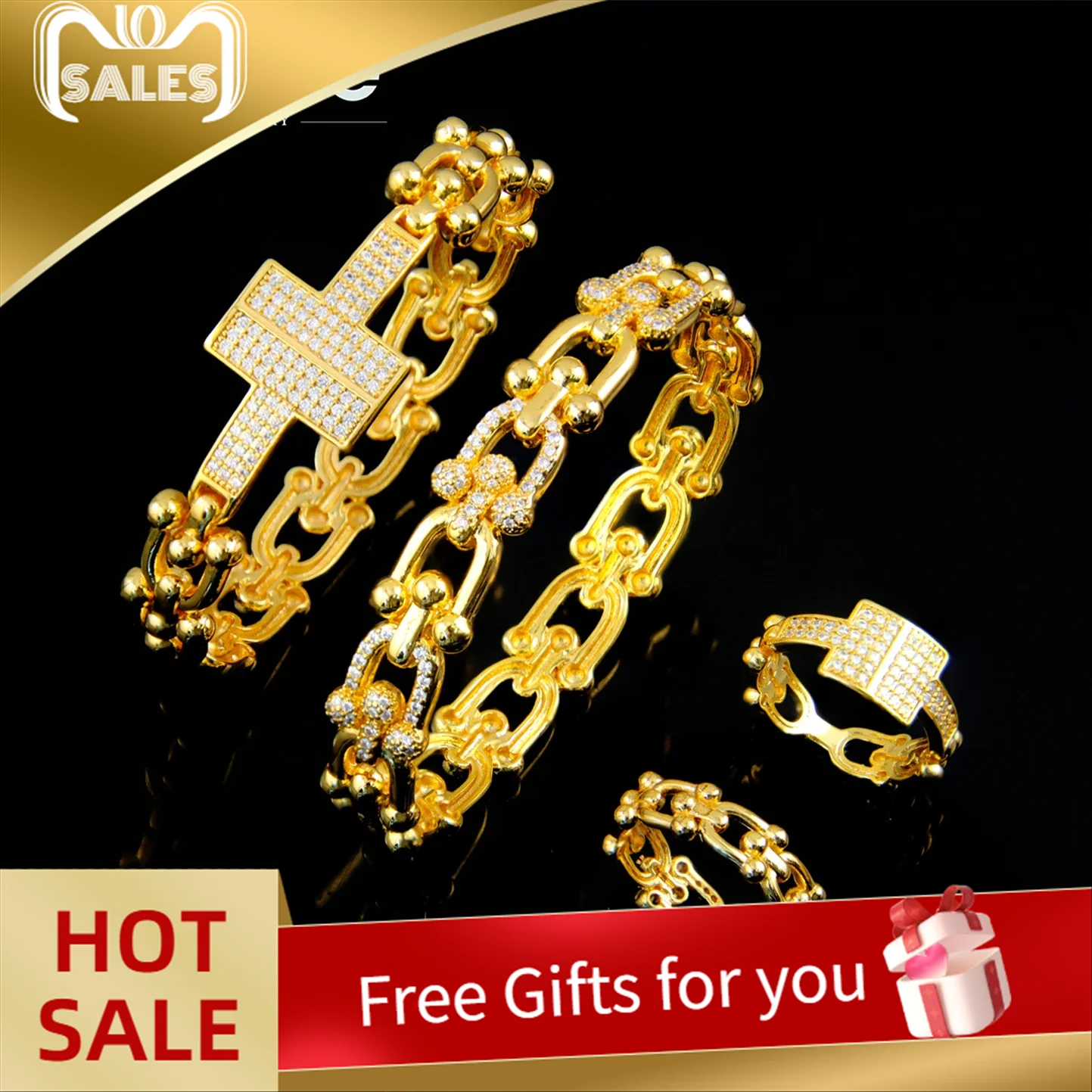 

Luxury Arabic Design Gold Color Bracelet Ring 21k Gold Plated U-shaped Horseshoe Buckle Bangle Dubai Women Ramadan Party Jewelry