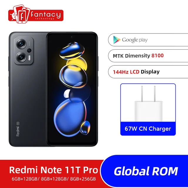 Global ROM Xiaomi Redmi Note 11T Pro 11 T 5G 128GB/256GB Dimensity 8100  144Hz 64MP Camera 5080mAh 67W Fast Charging 5G