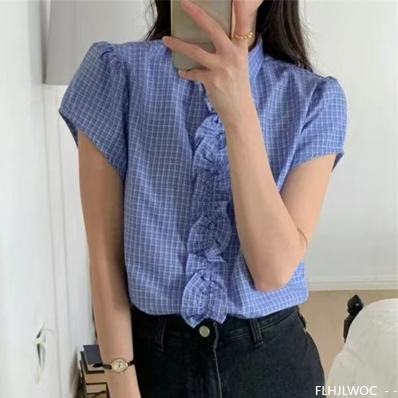 Chemises à carreaux mignon doux Style japonais filles Y2K Design offres spéciales femmes été décontracté rétro Vintage bleu volants Chic chemises