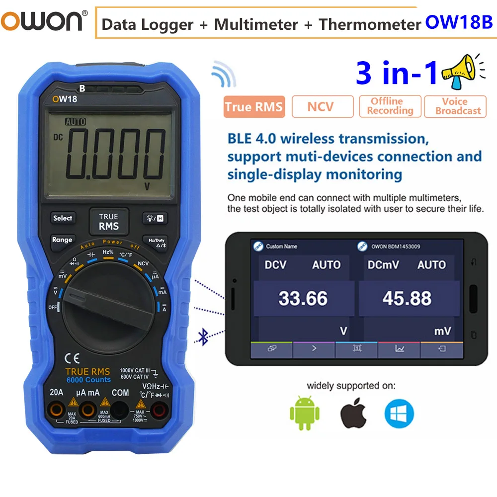 Owon 3 In-1 OW18B Bluetooth Digital Multimeter Data Logger Thermometer 6000 Counts True RMS NCV Non-contact 1000V Voltage Tester