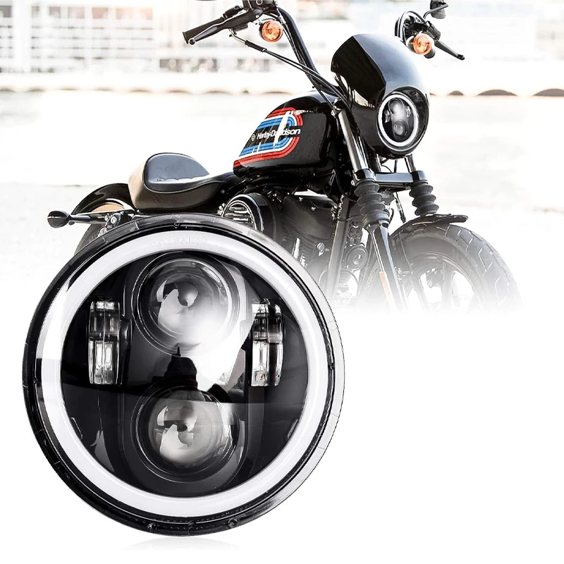 

Headlight 5.75 Inch Black Halo Angel Eyes LED For Harley Sportster 1200 883 Street Softail Dyna 5-3/4" Projector Round Headlamp
