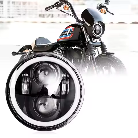 Headlight 5.75 Inch Black Halo Angel Eyes LED For Harley Sportster 1200 883 Street Softail Dyna 5-3/4" Projector Round Headlamp