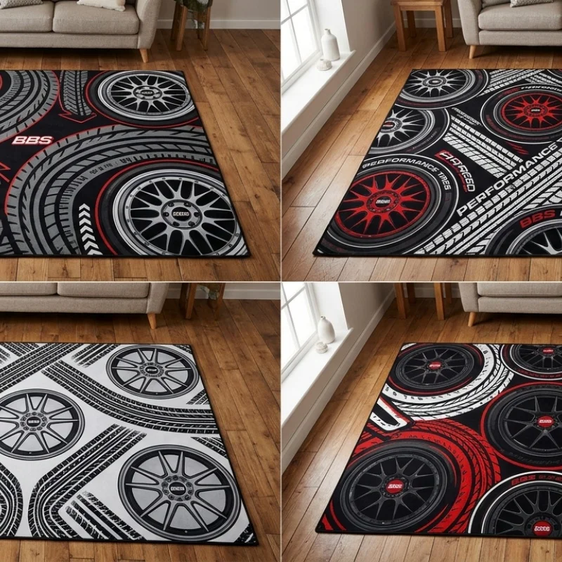 Car Wheel Hub Print Flannel Large Living Room Rug Red Black Racing Style Non Slip Washable Floor Carpet