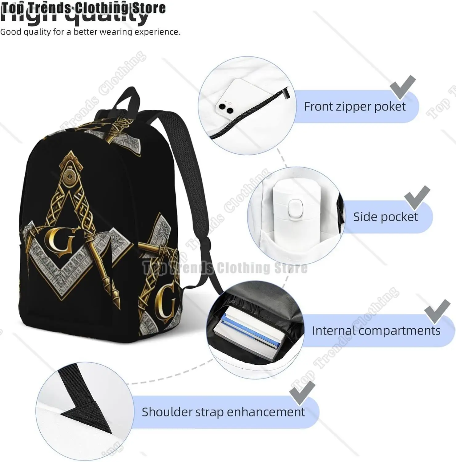 حقيبة ظهر Master Mason Masonic مع أشرطة قابلة للتعديل مناسبة لأنشطة نزهات السفر