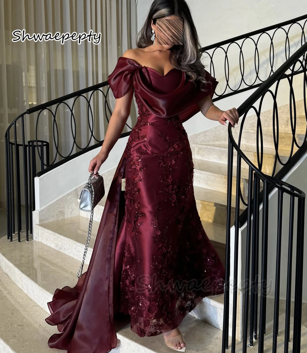 

Off Shoulder Burgundy Evening Dresses With 3D Floral Appliques Long Satin Formal Dress Customized 2025 Women Prom Party Gowns