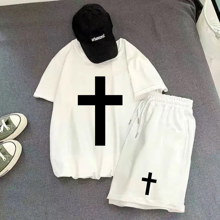 

Simple and Loose Sports Summer Wear Student Trendy Brand Hong Kong Style Shorts Versatile Cross Two-piece Suit Men