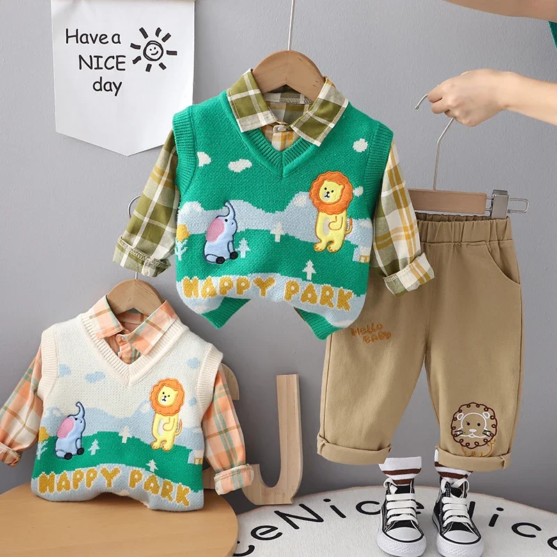 

Autumn Fashion Kids Cotton Clothes Kids Boys Girls Sweater Vest Solid Shirts Pants 3Pcs/sets Pocket Children Toddler Tracksuits