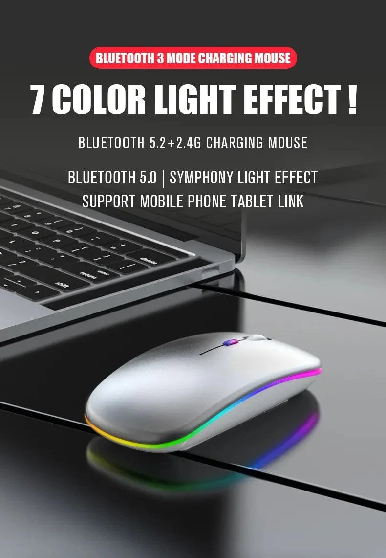Portable Bluetooth 5.2 Dual-mode Phablet Computer Wireless Mouse 2.4G USB Glow Charging Compatible with All Devices