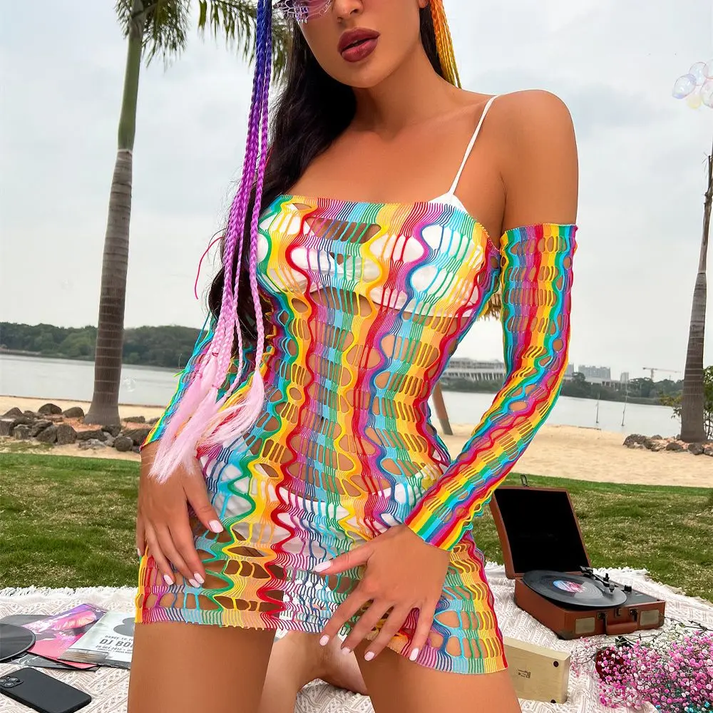 

Party Elastic Beach Wear Transparent Hollow Out Bodysuit Fishnet Tank Tops Rainbow Swimsuit Bikini Cover Ups Women Mesh Dress