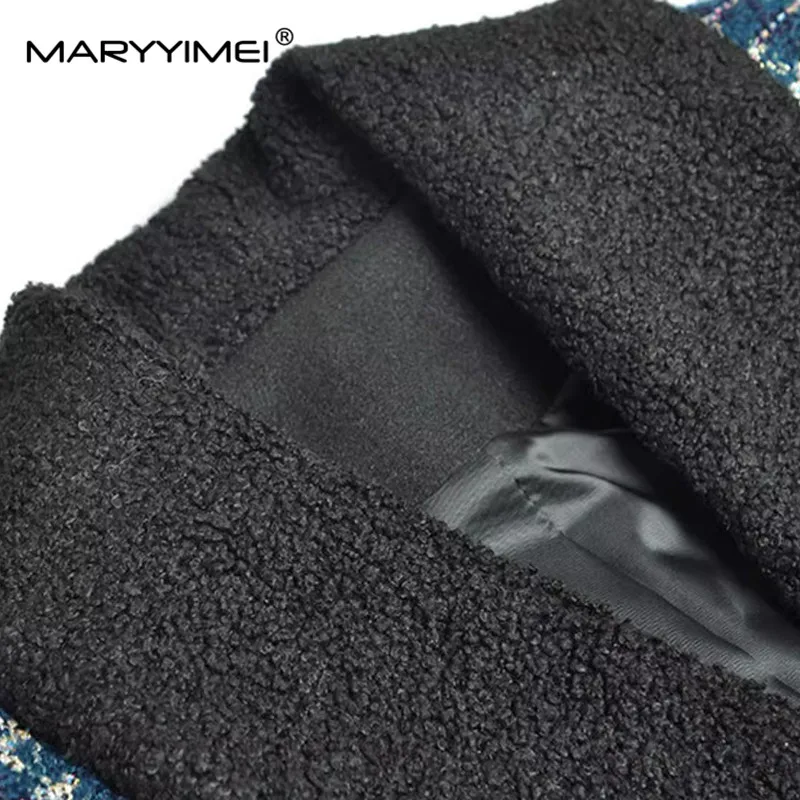 MARYYIMEI-Manteau à carreaux cranté à simple boutonnage pour femme, pardessus à manches longues, à lacets, mince, bleu, rouge, nouveau style, automne, hiver