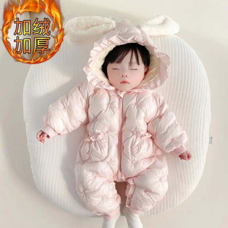 

Комбинезон для маленьких девочек, зимний утепленный теплый комбинезон с героями мультфильмов, мягкая детская одежда, милые комбинезоны с длинными ушками и капюшоном