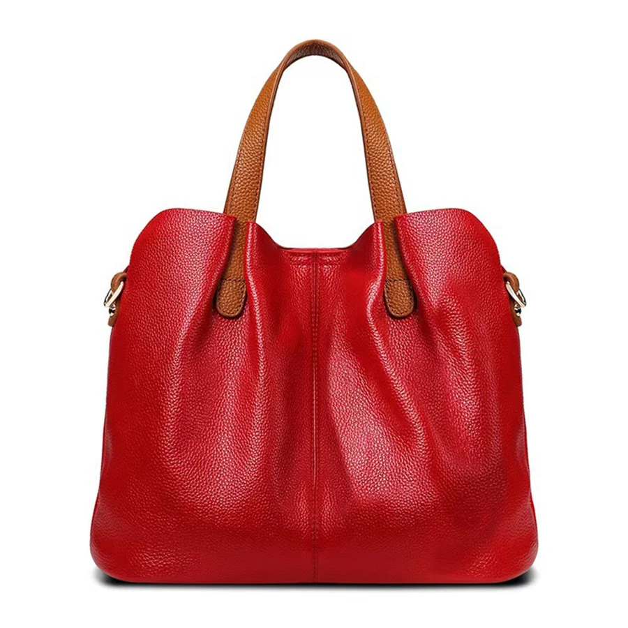 Leather Women Tote Bag Ruched Contrast Color Top Layer Cowhide Shoulder Crossbody Handbag Versatile Shopping Bag Commuter Clutch