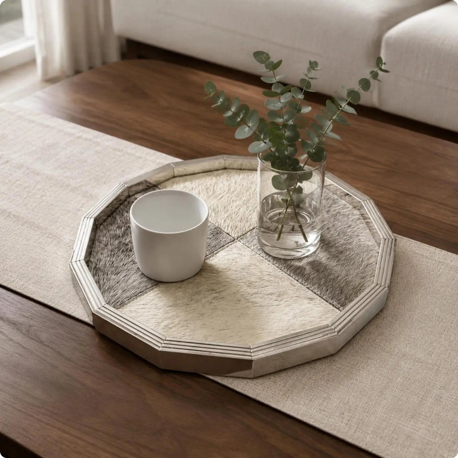 Decorative Metal Tray Refined Stainless Steel with Textured Horsehair Organizer for Keys Jewelry and Daily Essentials