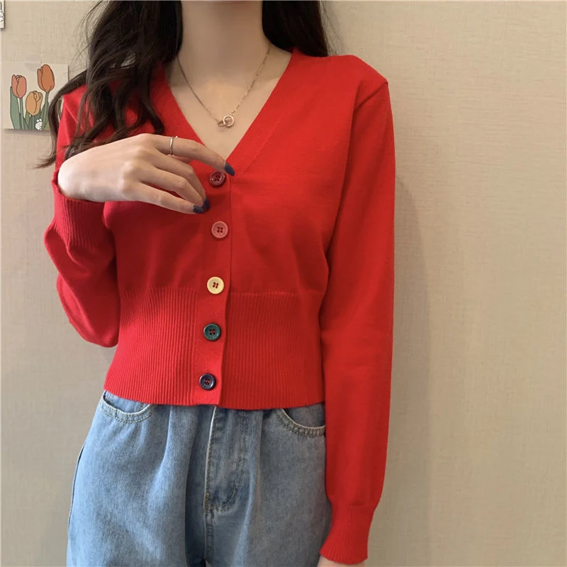 Chic Rainbow Buttons Cardigan Women Casual Long Sleeve V Neck Sweet Knitted Sweaters Korean Fashion Loose Soft Short Cardigan