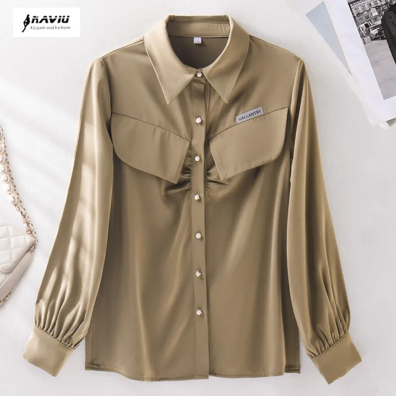 NAVIU Women Spring Autumn Style Blouses Shirts Lady Casual Long Sleeve Turn Down Collar Solid Color Blusas Tops White Coffee