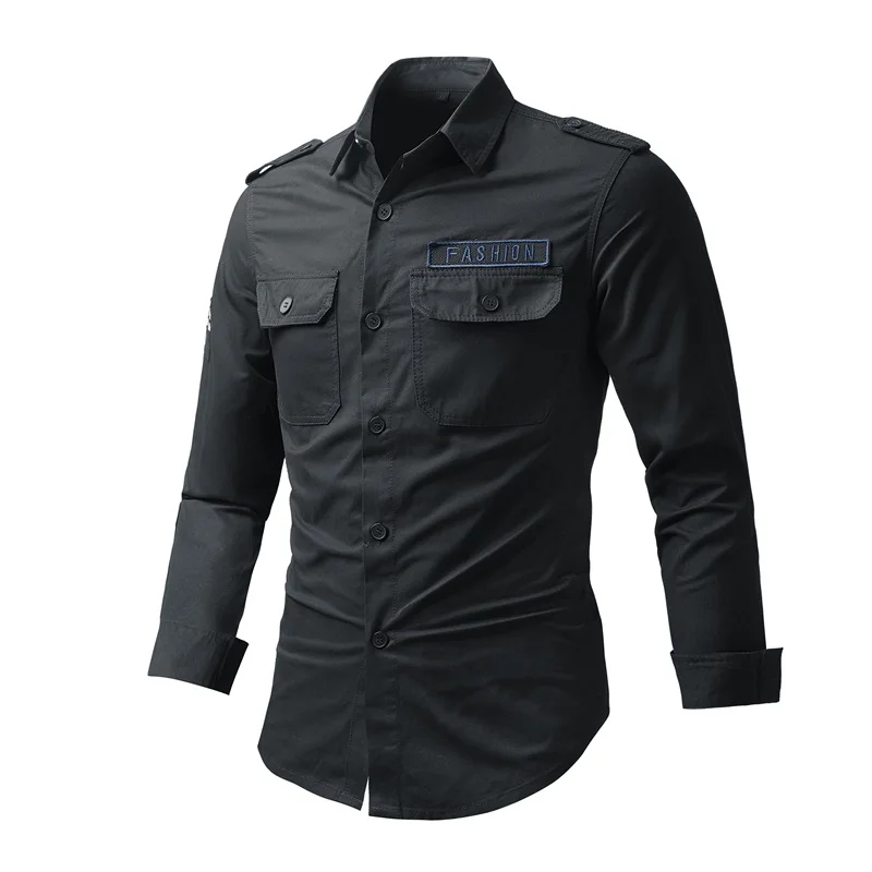 Mens Spring Autumn Cargo Shirts Mens Casual Loose Cotton Embroidery Long Sleeve Shirts Outdoor Hiking Military Tactical T-Shirts