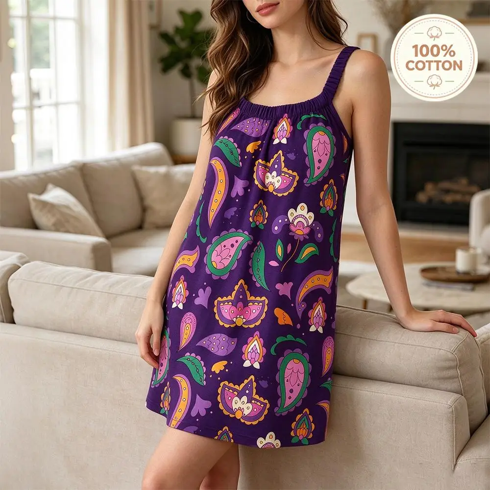 Women 100% Cotton Floral Paisley Print Camisole Nightgown Summer Soft Skin-Friendly Nightdress Ladies Casual Homewear Pajamas