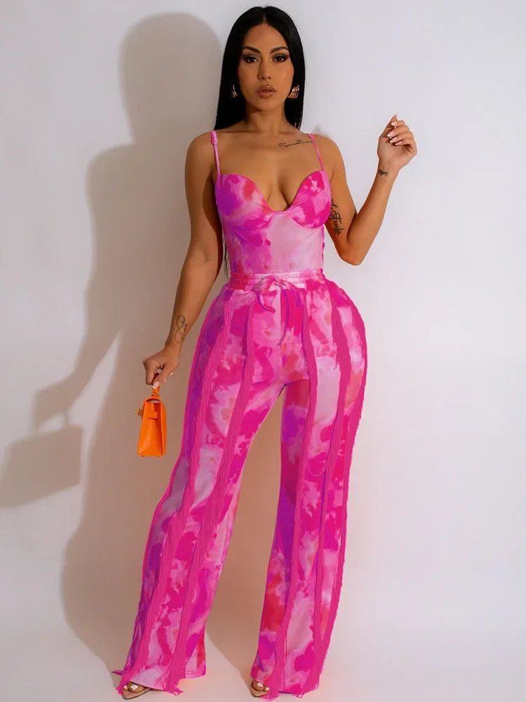 Tie Dye Printing Two Piece Set for Women Pant Sets Birthday Outfits Clubwear Bodysuit Top and Fringe Tassel Pants Matching Sets