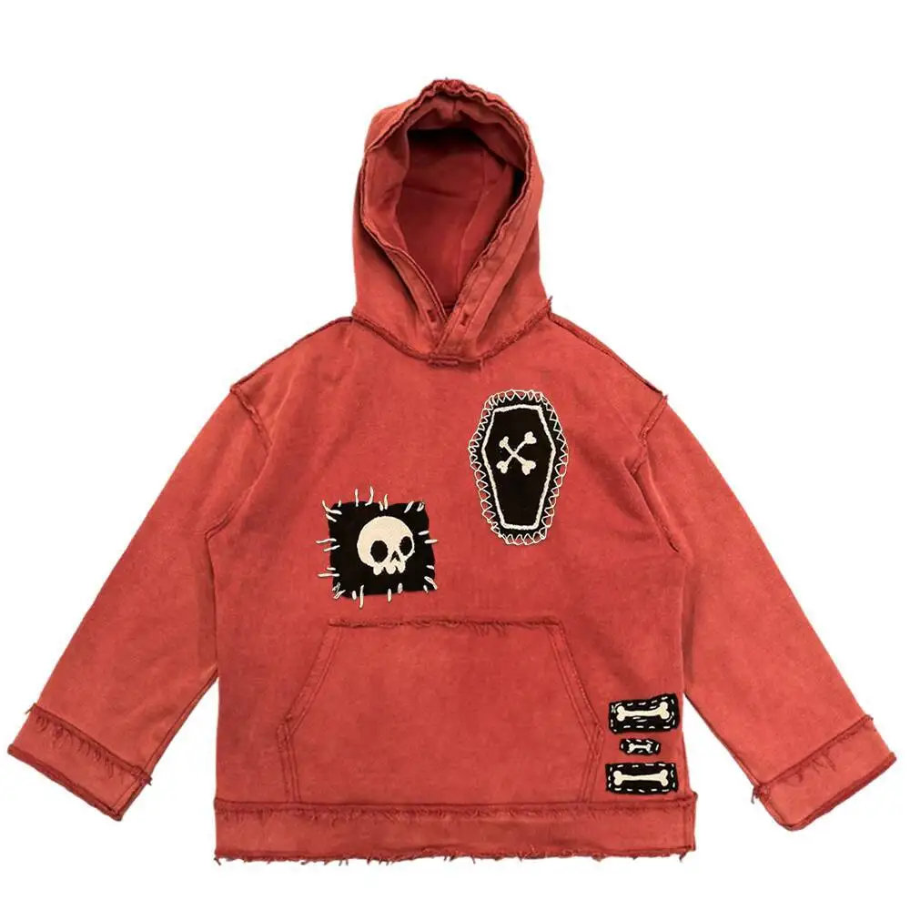 Stylish Washed Hoodie with Patchwork Design 450g Heavyweight Comfortable Casual Sweatshirt