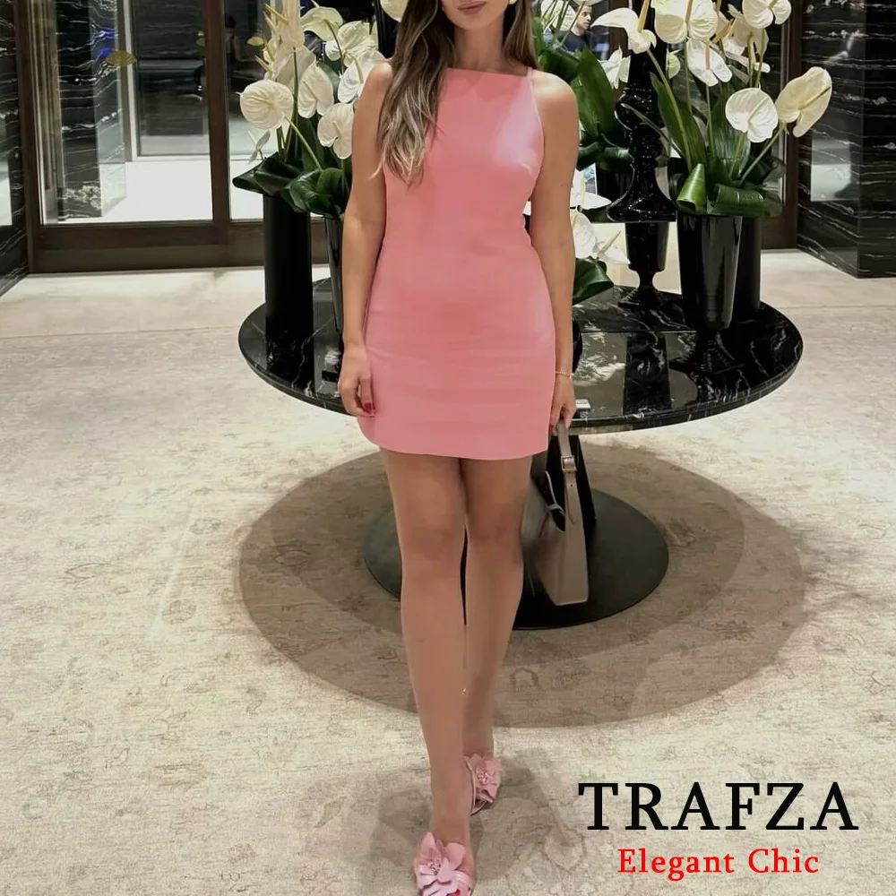 TRAFZA Basic Sexy Solid Mini Women Dress Fashion 2024 Summer Neckline Dress Elegant Female Dress Beach Holiday Party Dress