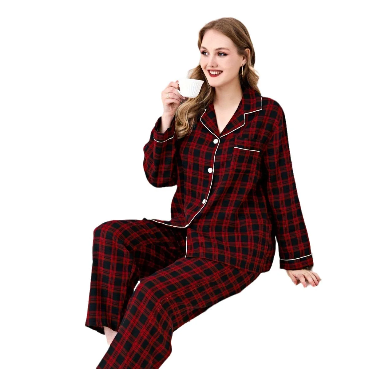 Large Size Women's Sleepwear Set Loungewear Double Long Black and Red Checkered Print Autumn and Winter Pajama Sets