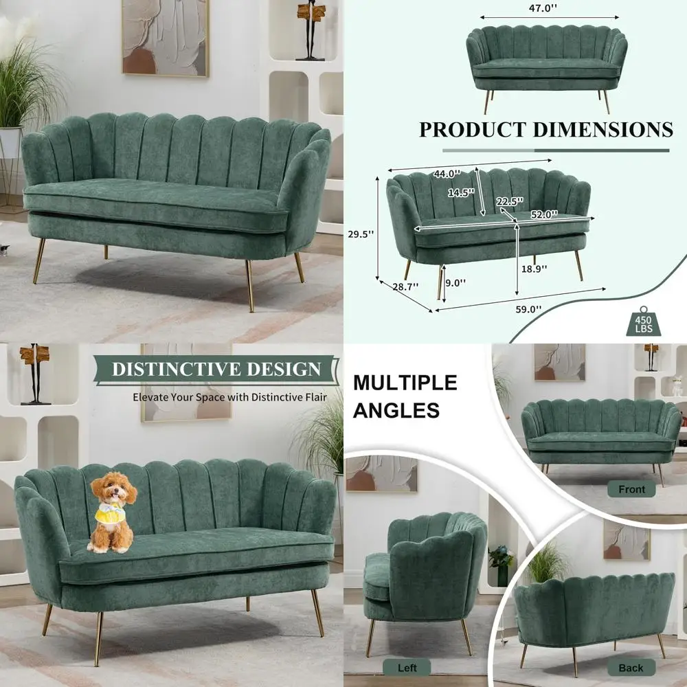 أريكة عصرية بمقعدين من الشنيل على شكل بتلة، أرجل معدنية ذهبية، أريكة صغيرة للترفيه، مقاس صغير مريح للجلوس #1