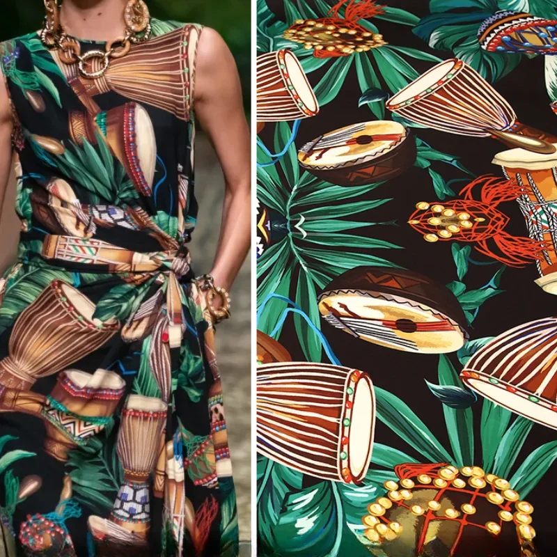 

2020 Spring Summer European and American Haute Couture Clothing Digital Printing Ethnic Drum Instrument DIY Fabric