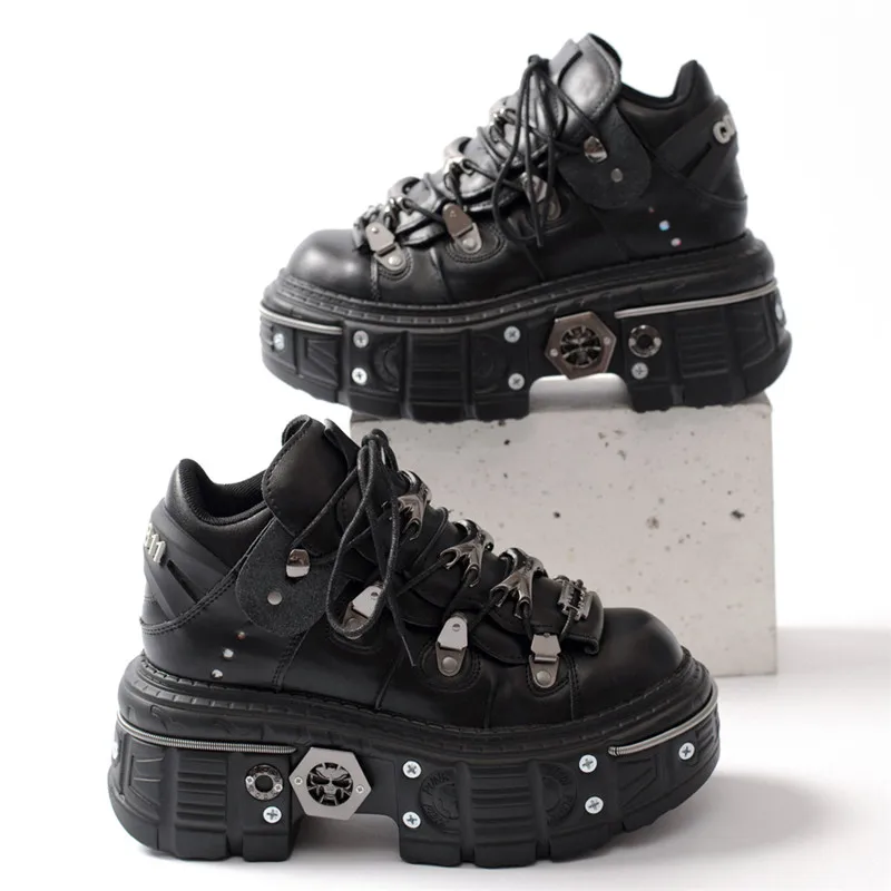Fashion Women Punk Platform Shoes for Woman's Lace-Up Round Toe Metal Decoration Thin Heels Sneakers Gothic Party Nightclub Shoe image 4