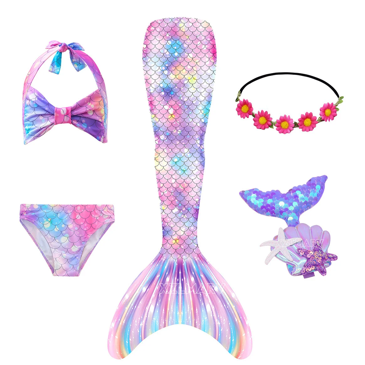 5Pcs Girls Boys Mermaid Tail Without Monofin Costume Cosplay the Little Mermaid Swimsuit Halloween Costume Beach Cloth Swimwear