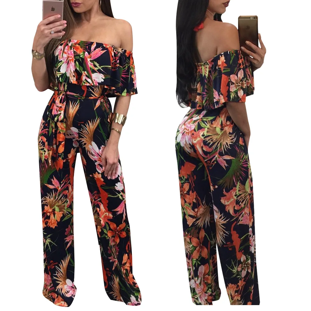 Women's Sexy Straight Neck Off-the-Shoulder Jumpsuits Fashion Print Loose Wide-Leg Jumpsuits Casual Party Club Elegant Jumpsuits