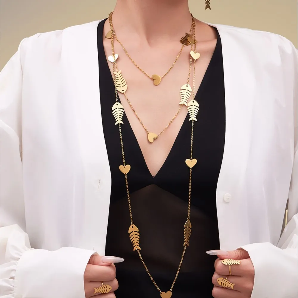 Fishbone Charm Necklace Dangle Earrings Ring for Women 18k Gold Plated Stainless Steel Sweater Chain Necklaces Earring Rings Set