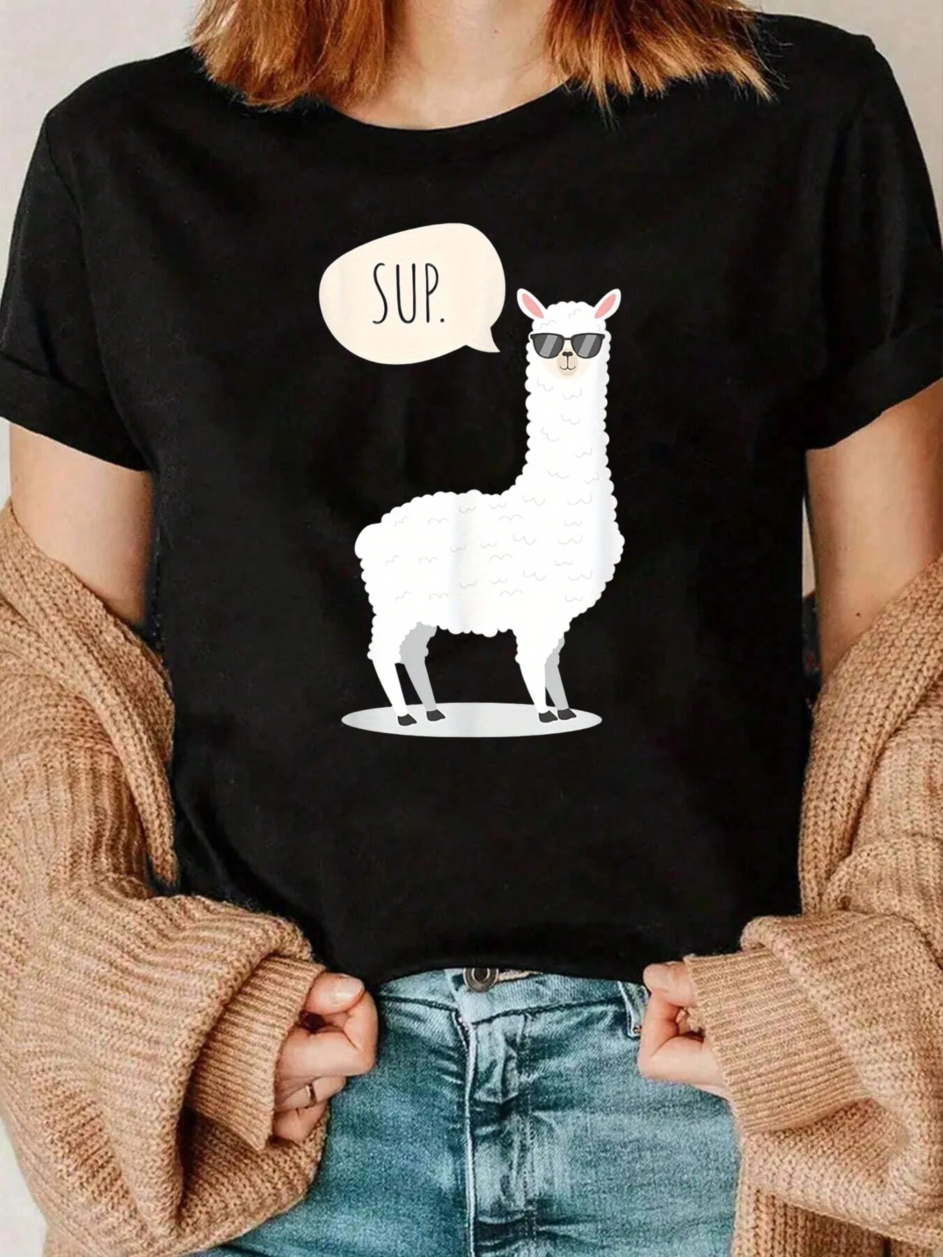 Alpaka mit Sonnenbrille und Sup Speech Bubble Graphic Tee, lässige Alltagskleidung für Frauen, 220 g